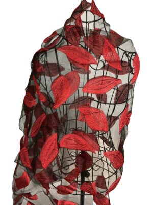 Black Sheer Scarf with Red Leaf Embroidery