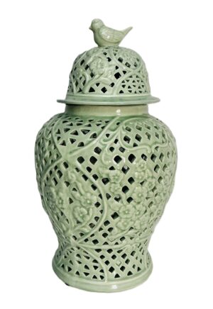 Large Pale Green Cut-Out Ginger Jar with Bird Lid – 45x28cm