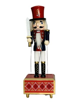 Royal Red and Navy Wind-Up Nutcracker on Decorative Base